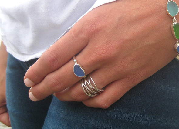 Sea Glass and Sterling Silver Beaded Ring worn by model