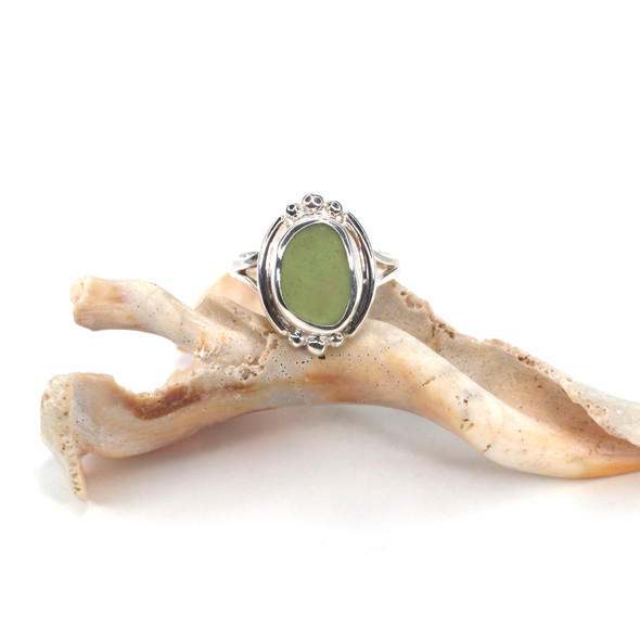 Olive Moss Sea Glass Trio Bead Ring - Size 9 Olive Moss Sea Glass Trio Bead Ring - Size 9