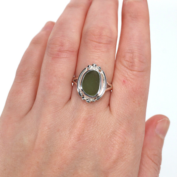 Olive Moss Sea Glass Trio Bead Ring - Size 9 on model for color reference. Olive Moss Sea Glass Trio Bead Ring - Size 9 on model for color reference.