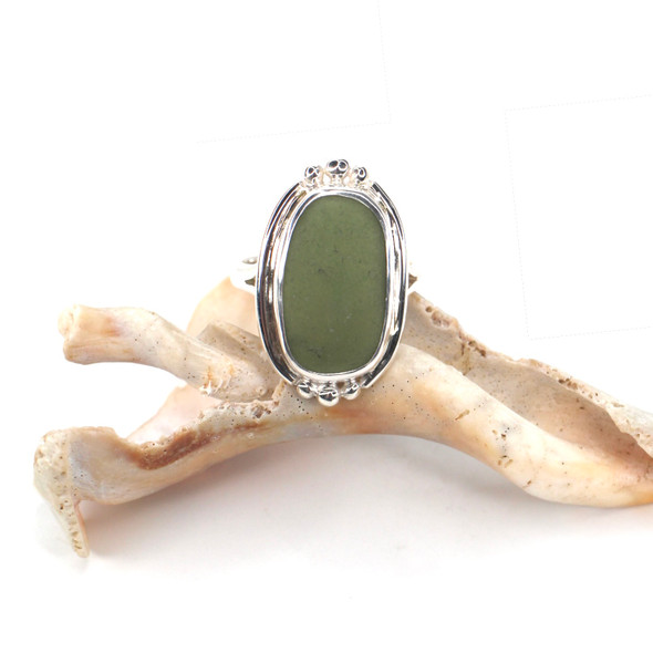 Olive Oval Sea Glass Trio Bead Ring - Size 9 Olive Oval Sea Glass Trio Bead Ring - Size 9