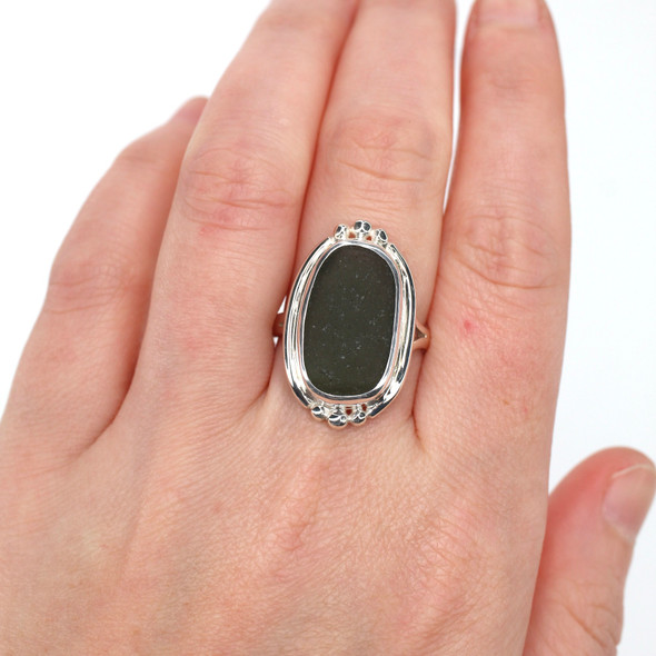 Olive Oval Sea Glass Trio Bead Ring - Size 9 on model for color reference. Olive Oval Sea Glass Trio Bead Ring - Size 9 on model for color reference.