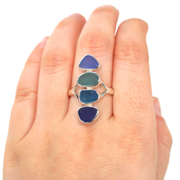 Turquoise and Blues Ultra Rare Sea Glass 4 Stone Rainbow Ring - Size 9 on model for color reference. 