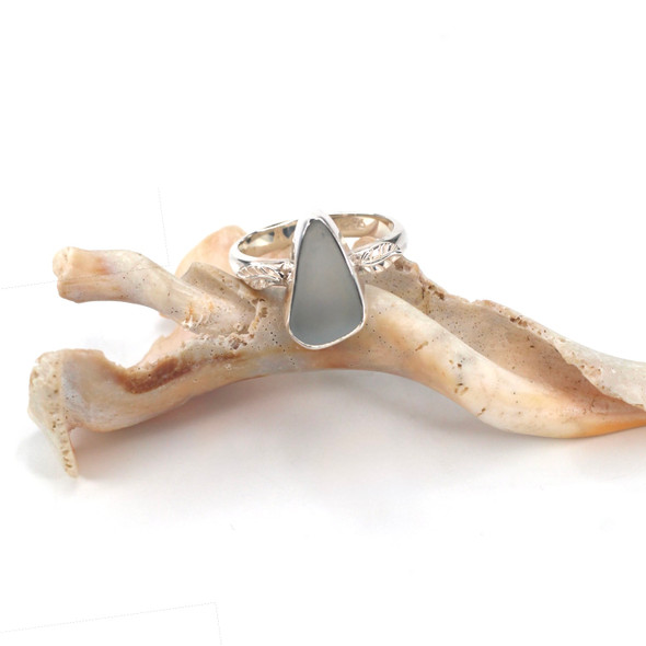 Gray Elongated Sea Glass Little Leaf Ring - Size 9 Gray Elongated Sea Glass Little Leaf Ring - Size 9