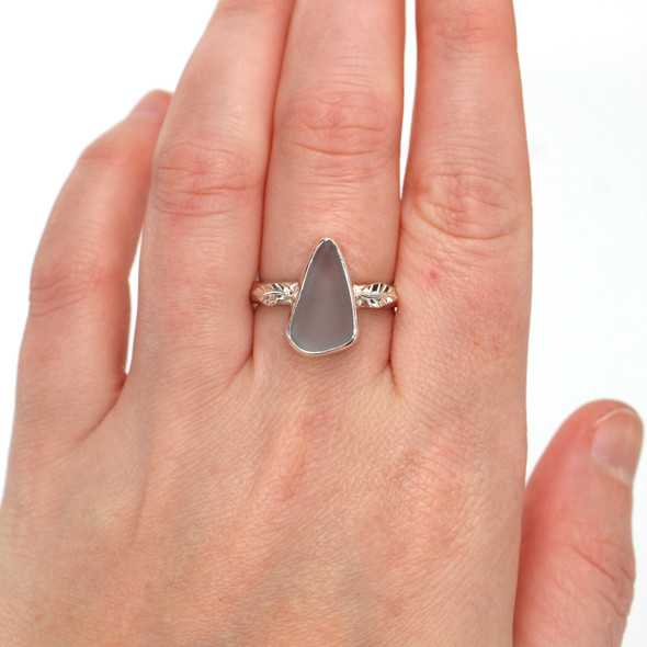 Gray Elongated Sea Glass Little Leaf Ring - Size 9 on model for color reference. Gray Elongated Sea Glass Little Leaf Ring - Size 9 on model for color reference.