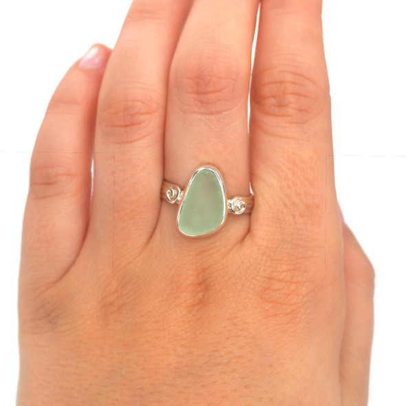 Seafoam Teardrop Sea Glass Swirl Ring – Size 9 on model for color reference. Seafoam Teardrop Sea Glass Swirl Ring – Size 9 on model for color reference.