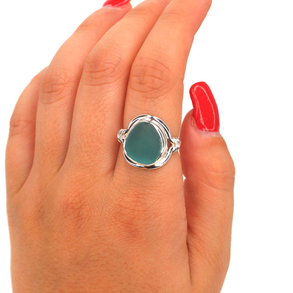 Aqua Sea Glass Nautical Twist Ring - Size 6 on model for color reference. Aqua Sea Glass Nautical Twist Ring - Size 6 on model for color reference.