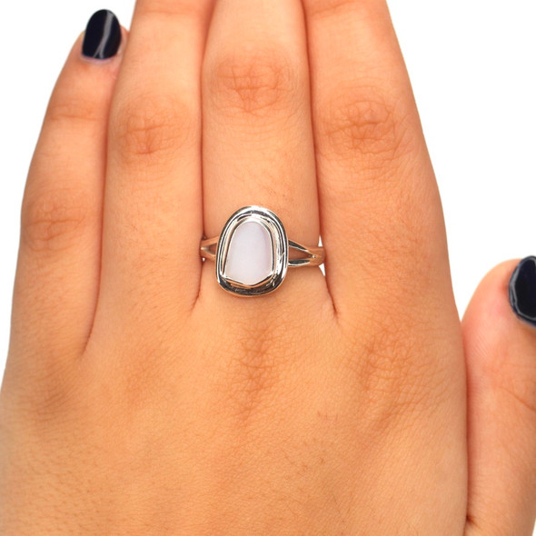 White Opalescent Milk Glass Sea Glass Double Bezel Split Band Ring - Size 9 on model for color reference. White Opalescent Milk Glass Sea Glass Double Bezel Split Band Ring - Size 9 on model for color reference.