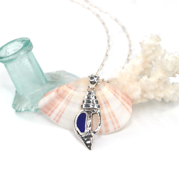 Cobalt Midnight Sea Glass Conch Shell Necklace