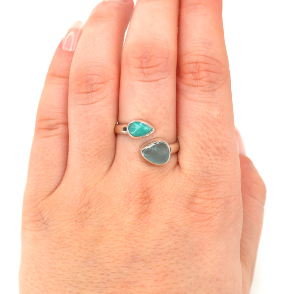 Aqua Ice Sea Glass and Turquoise Water Droplet Duo Ring - Size 9 on model for color reference. 