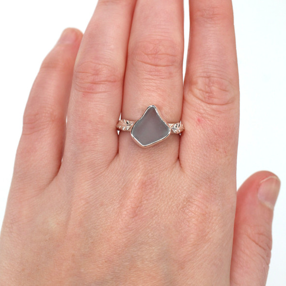 Gray Diamond Sea Glass Little Leaf Ring - Size 9 on model for color reference. Gray Diamond Sea Glass Little Leaf Ring - Size 9 on model for color reference.