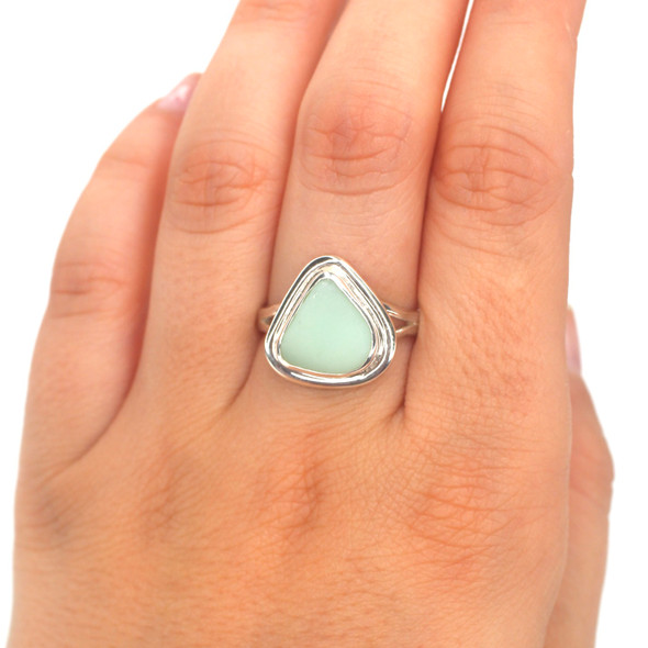Seafoam Milk Glass Sea Glass Double Bezel Split Band Ring - Size 9 on model for color reference. Seafoam Milk Glass Sea Glass Double Bezel Split Band Ring - Size 9 on model for color reference.