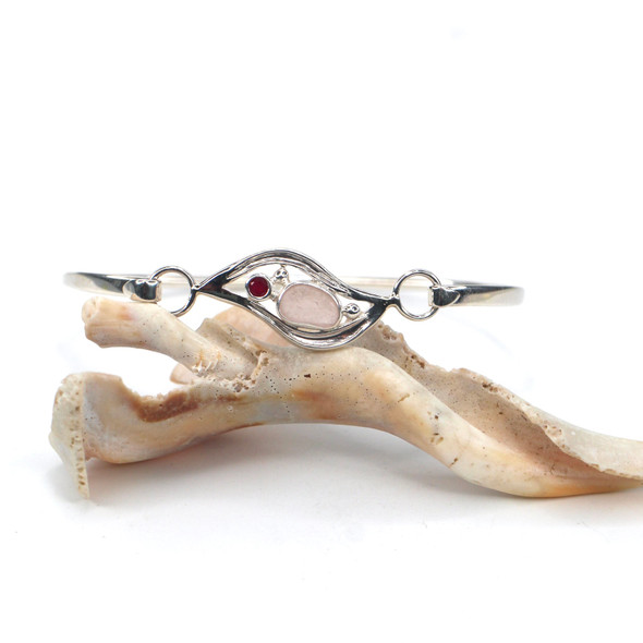 Pink Sea Glass and Ruby Wavy Hinge Bangle Bracelet