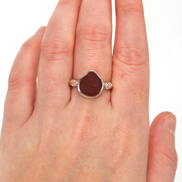 Amber Teardrop Sea Glass Little Leaf Ring - Size 9 on model for color reference. Amber Teardrop Sea Glass Little Leaf Ring - Size 9 on model for color reference.