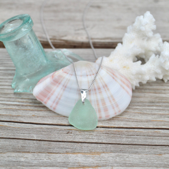 Seafoam Sea Glass Simple Drop Necklace on 18" chain - Slightly Damaged 