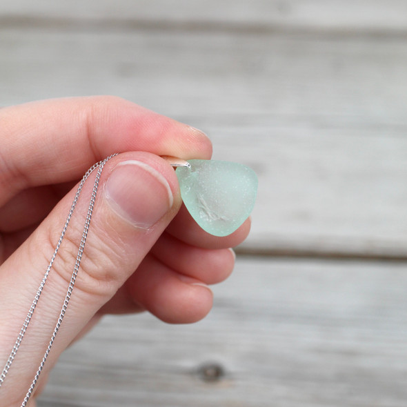 Seafoam Sea Glass Simple Drop Necklace on 18" chain - Slightly Damaged held