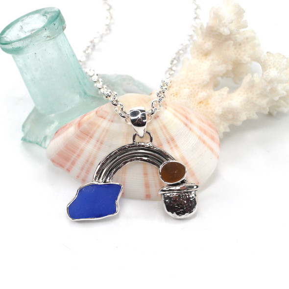 Cobalt Sea Glass Pot of Gold Rainbow Necklace