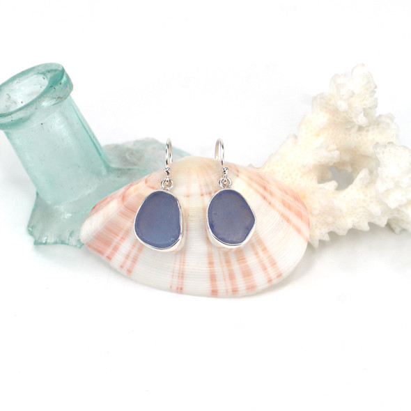 Cornflower Sea Glass Single Bezel Earring Cornflower Sea Glass Single Bezel Earring