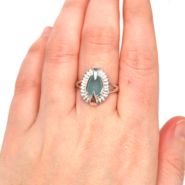 Aqua Sea Glass Rising Sun Ring - Size 9 on model for color reference. 