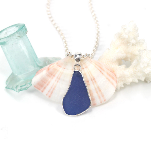 Cornflower Medium Drop Sea Glass Bezel Necklace