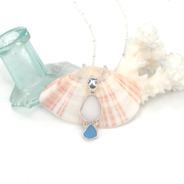 Turquoise and White Milk Glass Sea Glass Double Necklace Turquoise and White Milk Glass Sea Glass Double Necklace