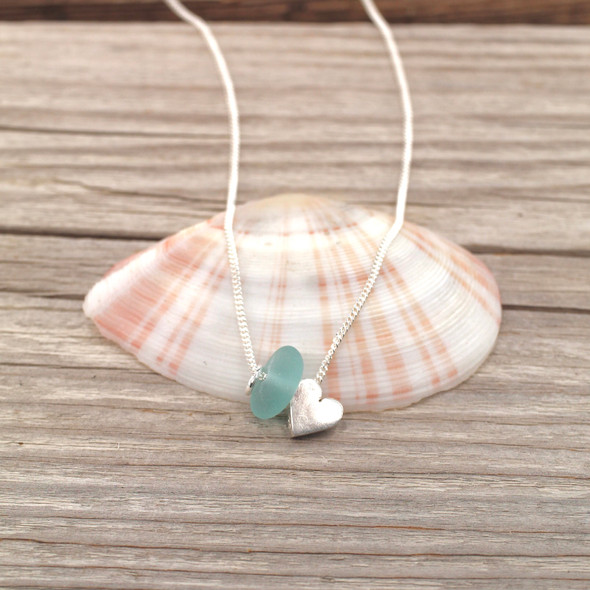 Insta Sale Aqua Sea Glass Heart Necklace on 16"-18" chain - MM