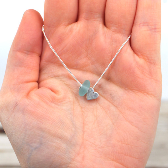 Insta Sale Aqua Sea Glass Heart Necklace on 16"-18" chain - MM on model for color reference. 