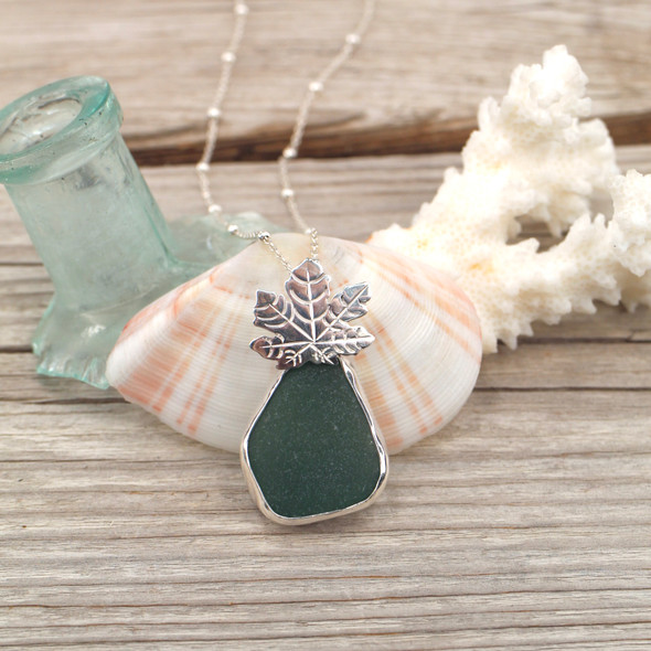 Insta Sale Olive Sea Glass Maple Leaf Necklace - MM