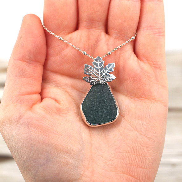 Insta Sale Olive Sea Glass Maple Leaf Necklace - MM on model for color reference. 