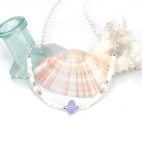Purple Bright Sea Glass Pearl and Mother of Pearl Pearl Necklace Purple Bright Sea Glass Pearl and Mother of Pearl Pearl Necklace
