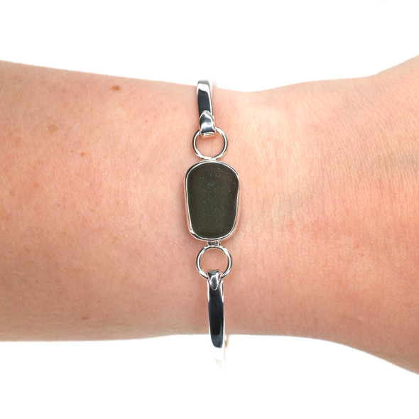 Olive Oval Sea Glass Hinge Bangle Bracelet on model for color reference. 