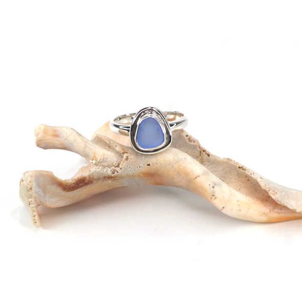 Cornflower Sea Glass Double Bezel Ring - Size 9