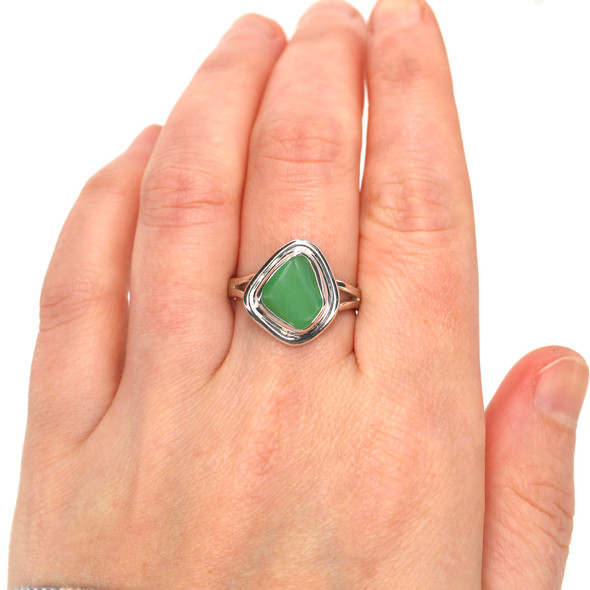 Green Milk Glass Sea Glass Double Bezel Split Band Ring - Size 9 on model for color reference. Green Milk Glass Sea Glass Double Bezel Split Band Ring - Size 9 on model for color reference.