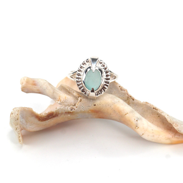 Aqua Round Sea Glass Rising Sun Ring - Size 9