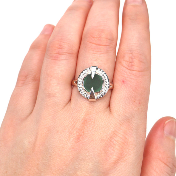 Olive Sea Glass Rising Sun Ring - Size 9 on model for color reference. Olive Sea Glass Rising Sun Ring - Size 9 on model for color reference.
