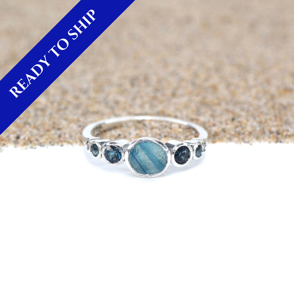 Turquoise Ice Striped Ultra Rare Sea Glass and Gemstone Sterling Silver Moon Phase Ring