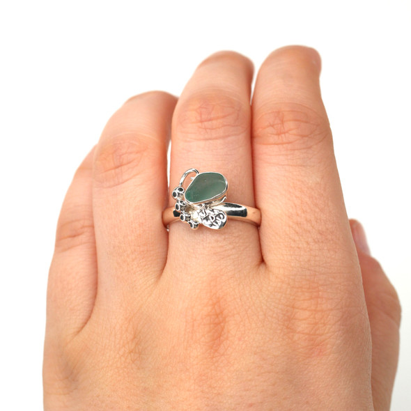 Aqua Tropical Sea Glass Butterfly Ring - Size 9