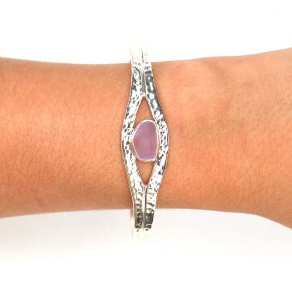 Light Lilac Sea Glass Hammered Cuff Bracelet on model for color reference. Light Lilac Sea Glass Hammered Cuff Bracelet on model for color reference.