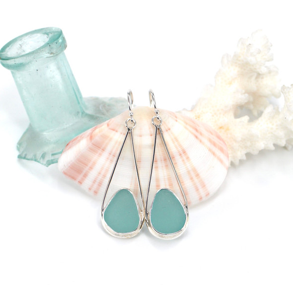 Aqua Teardrop Sea Glass Lunar Drop Earrings