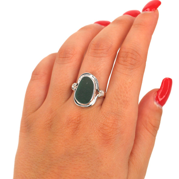 Olive Forest Sea Glass Nautical Twist Ring - Size 10 on model for color reference. 
