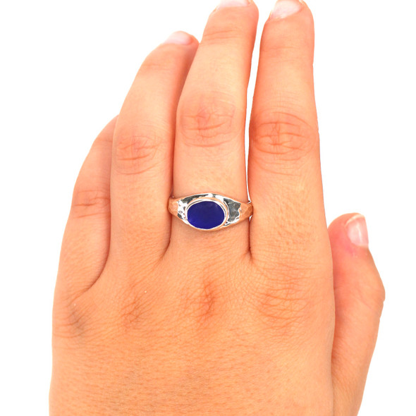 Cobalt Sea Glass Hammered Ring - Size 9 on model for color reference. Cobalt Sea Glass Hammered Ring - Size 9 on model for color reference.