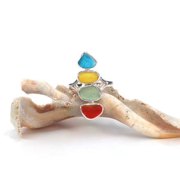 Turquoise and Flame Sea Glass 4 Stone Rainbow Ring - Size 9