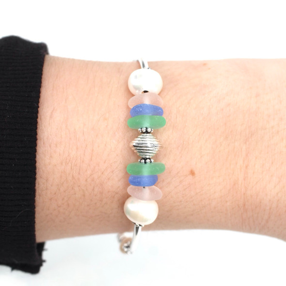 Pastel and Seafoam Bright Sea Glass and Pearl Beaded Bracelet on model for color reference.
