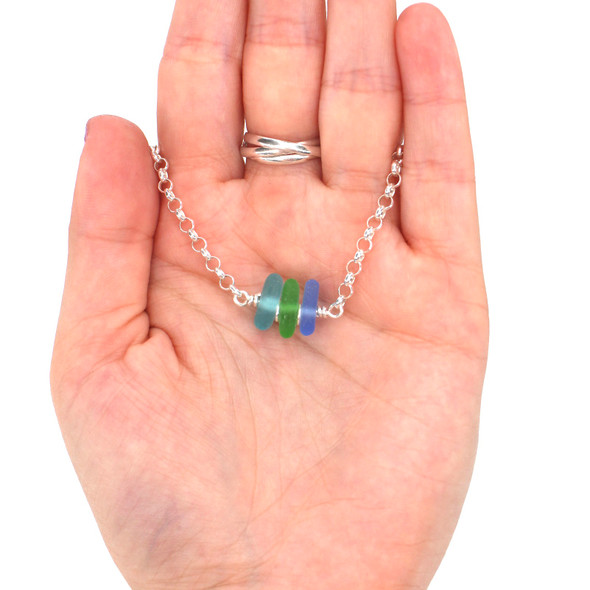 Tropical 3 Stone Sea Glass Anklet on model for color reference. Tropical 3 Stone Sea Glass Anklet on model for color reference.