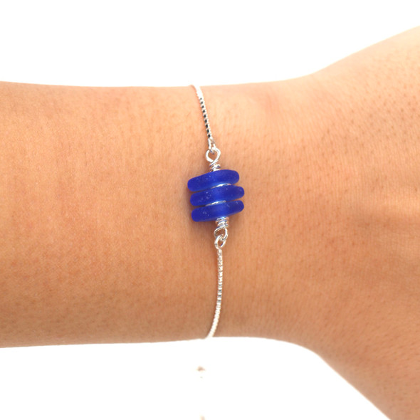 Cobalt 3 Stone Adjustable Sea Glass Bracelet on model for color reference. 