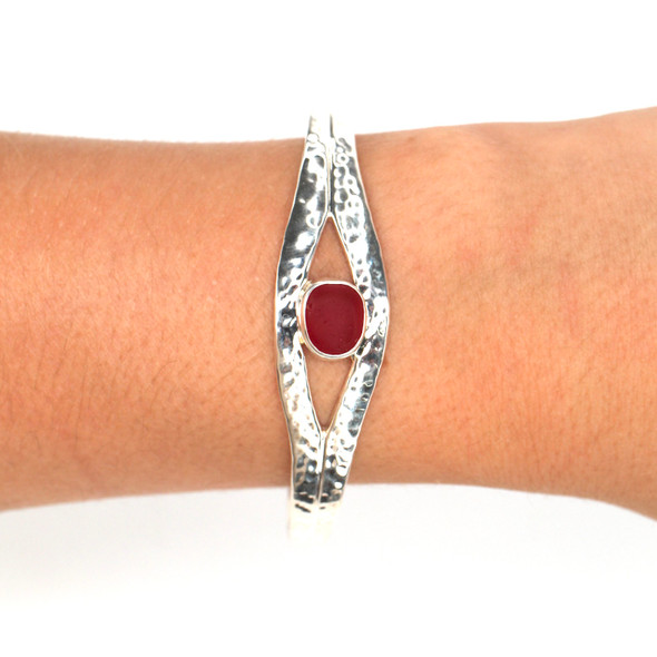 Red Sea Glass Hammered Cuff Bracelet on mode for color reference. Red Sea Glass Hammered Cuff Bracelet on mode for color reference.