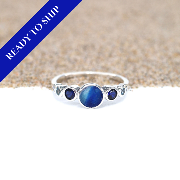 Cobalt Splash Ultra Rare Sea Glass and Gemstone Sterling Silver Moon Phase Ring