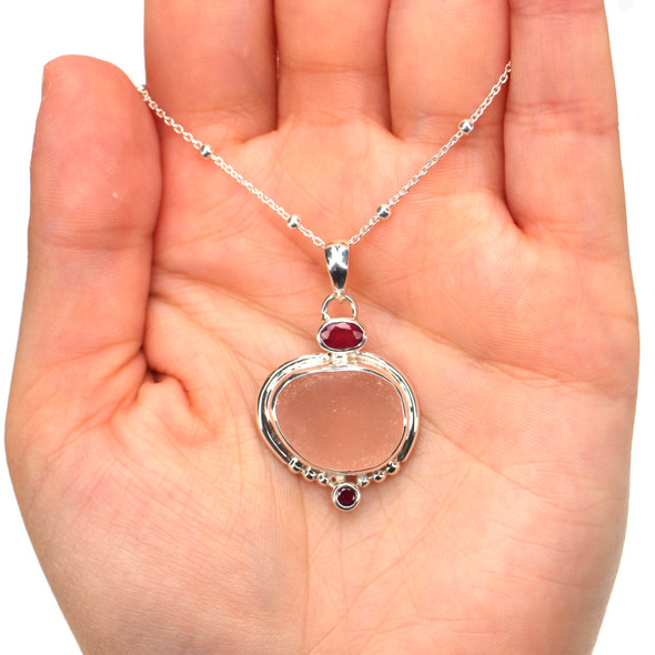 Pink Sea Glass and Ruby Ocean Empress Necklace on model for color reference.