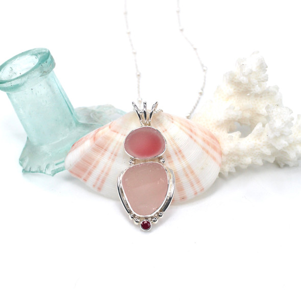 Pink Sea Glass and Ruby Three Piece Bail Necklace