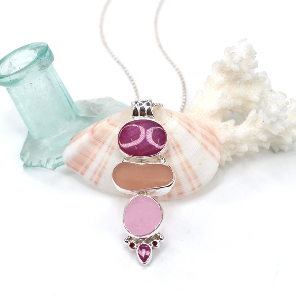 Pink Sea Glass and Ruby Etched Bail Necklace