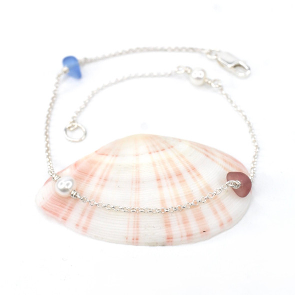 Lavender Berry Blues Sea Glass and Pearl 4 Stone Anklet